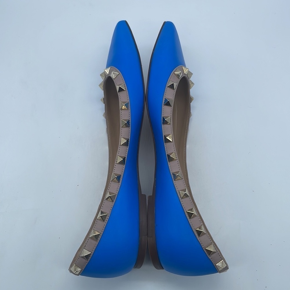 Valentino Garavani Blue leather beige trim Rockstud Ballerina flats 37.5 - Picture 5 of 12